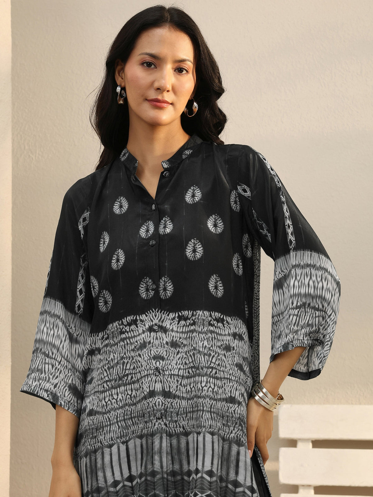 Libas Black Abstract Printed Crepe Shirt