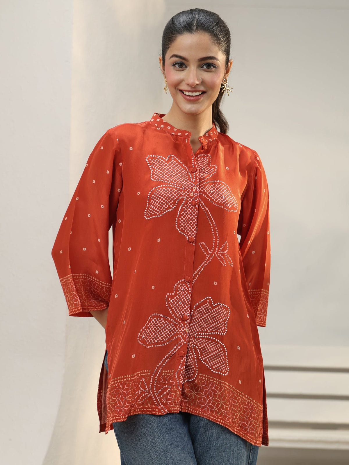 Libas Orange Bandhani Printed Crepe Shirt K60