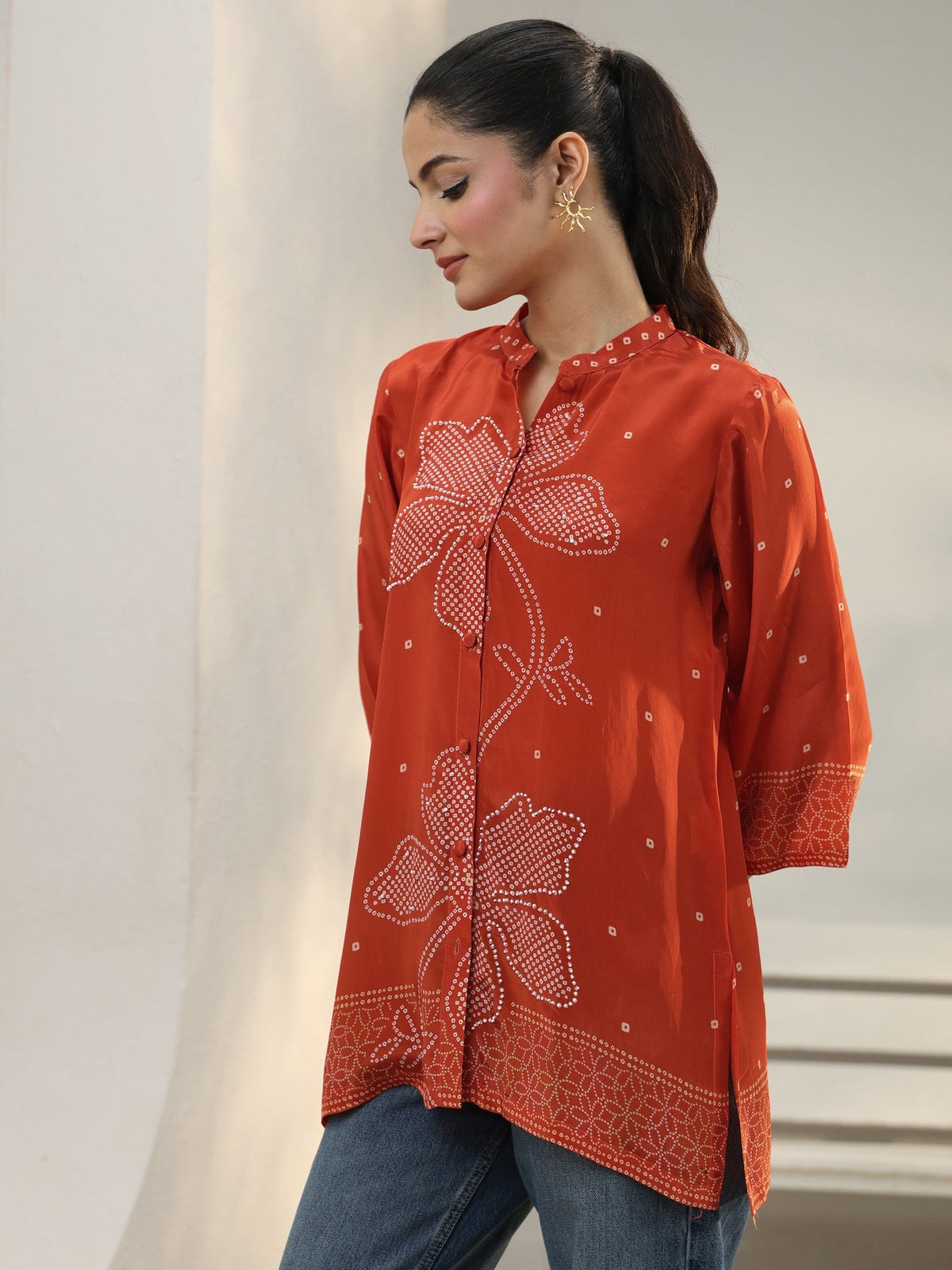 Libas Orange Bandhani Printed Crepe Shirt K60