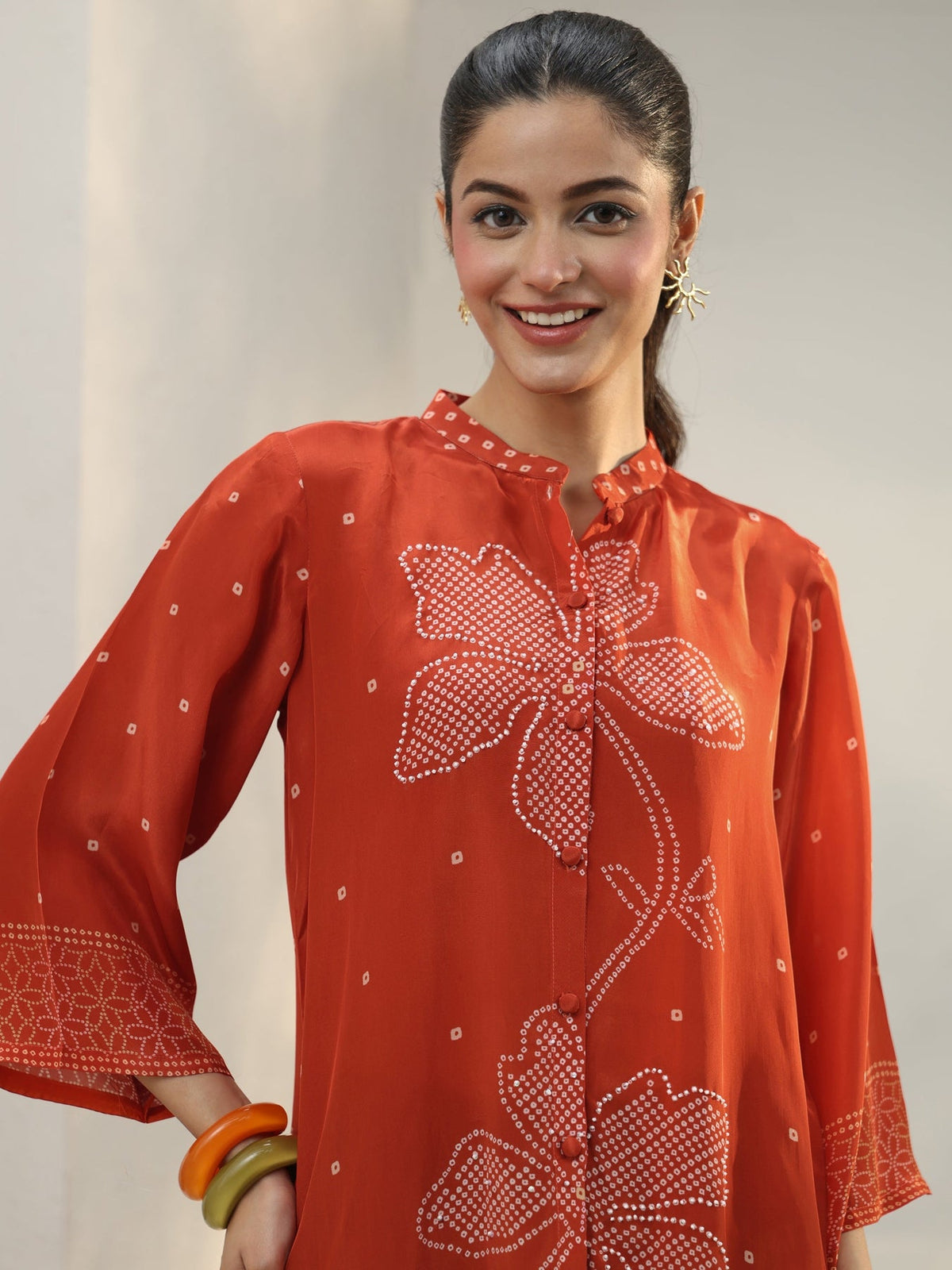 Libas Orange Bandhani Printed Crepe Shirt K60