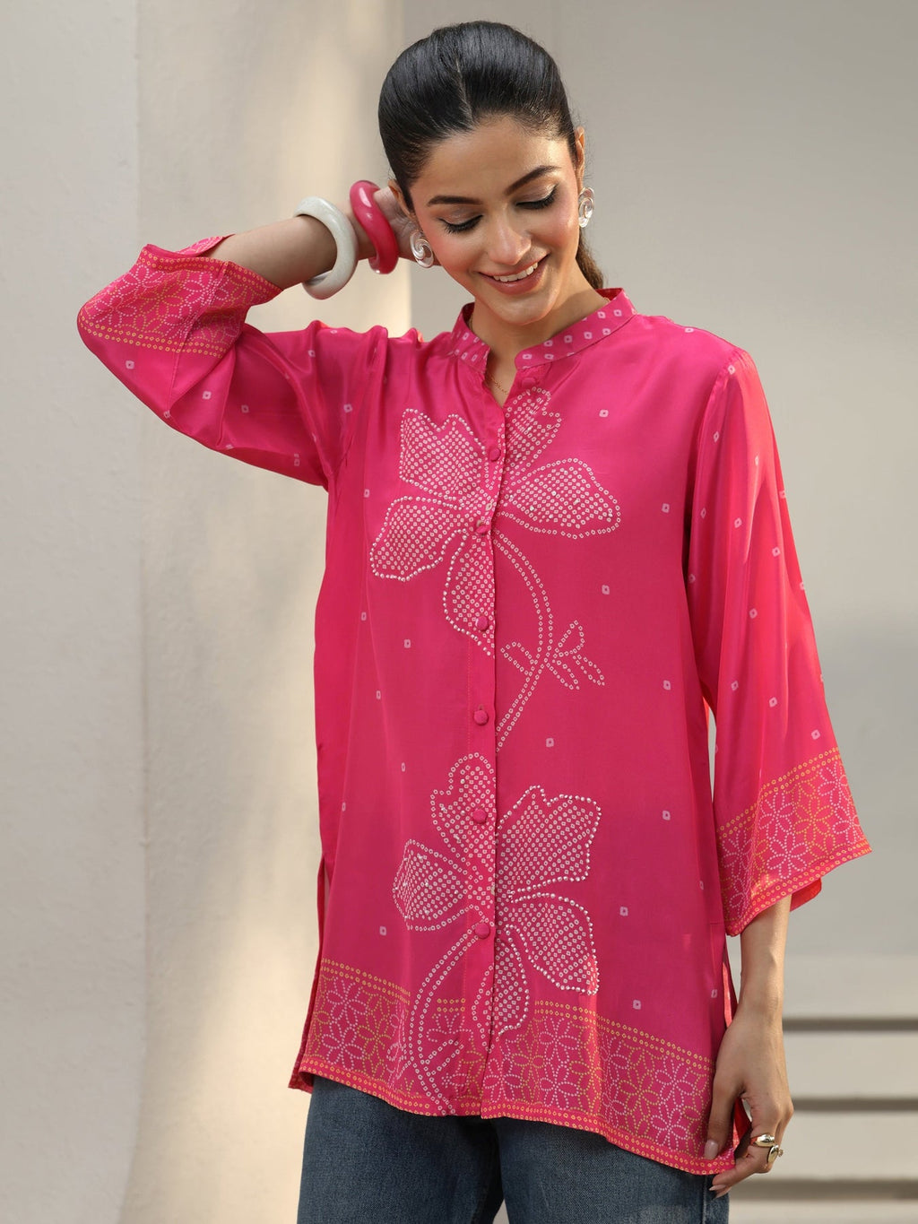 Libas Pink Bandhani Printed Crepe Shirt K60