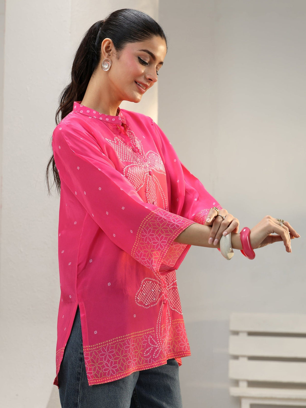 Libas Pink Bandhani Printed Crepe Shirt K60