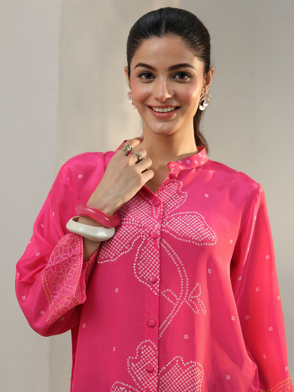 Libas Pink Bandhani Printed Crepe Shirt K60