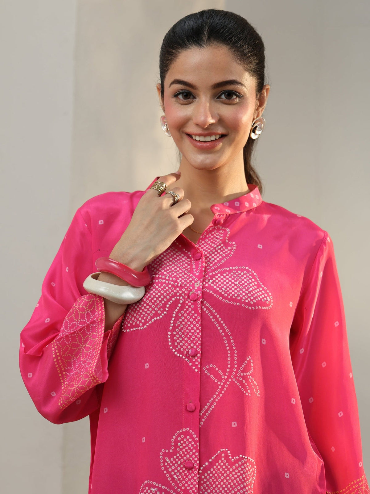 Libas Pink Bandhani Printed Crepe Shirt K60