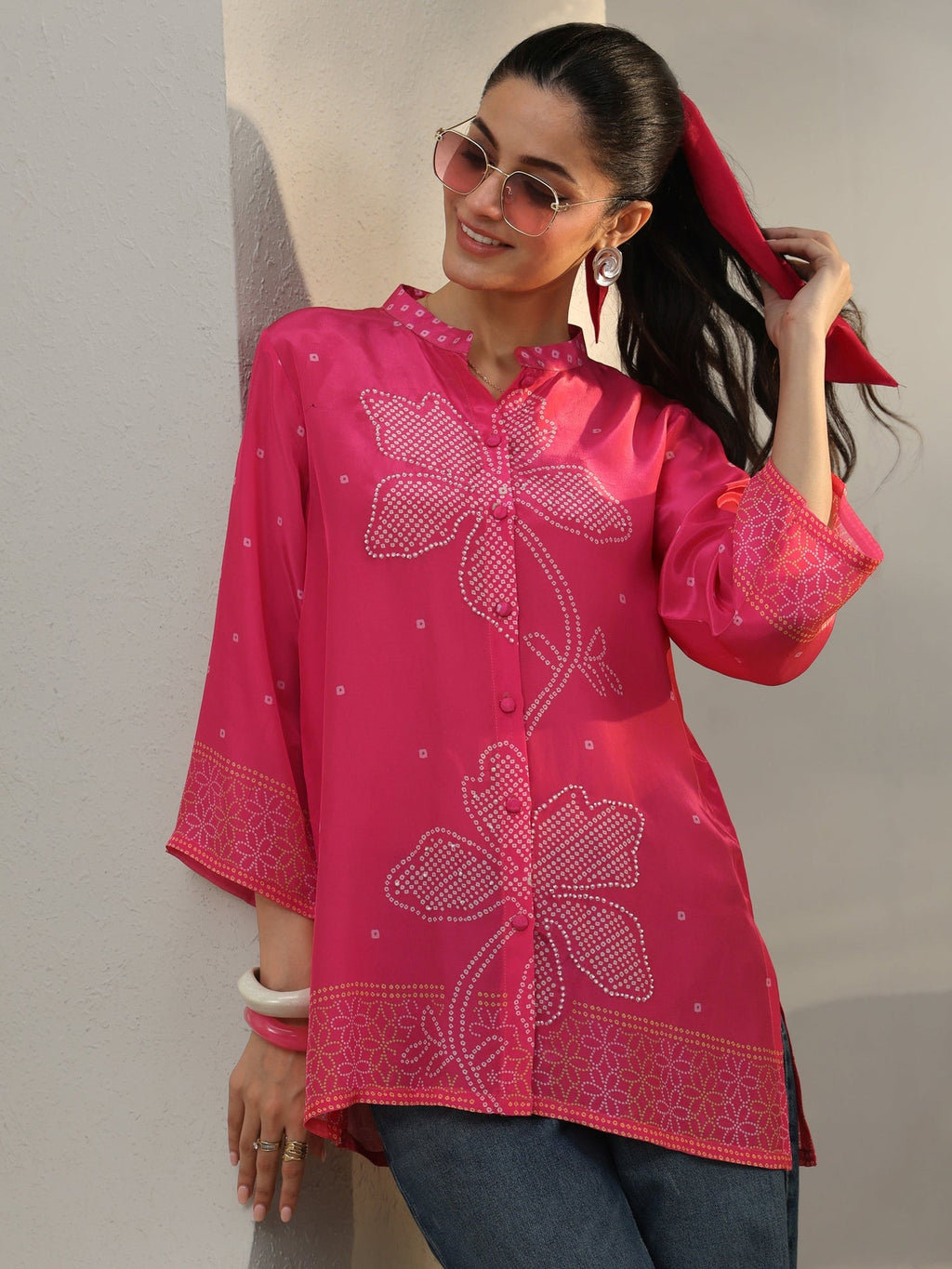 Libas Pink Bandhani Printed Crepe Shirt K60