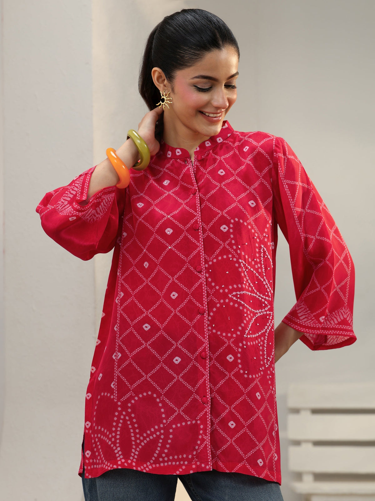 Libas Pink Bandhani Printed Crepe Shirt