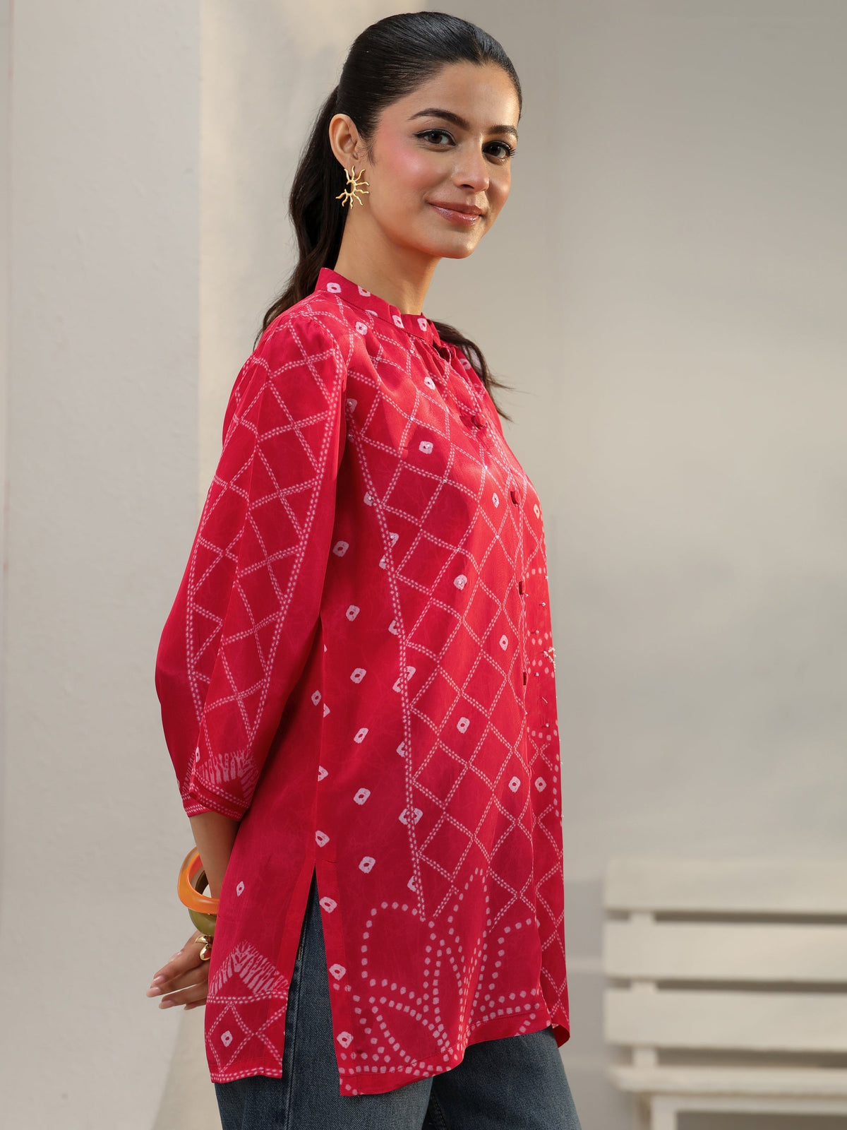 Libas Pink Bandhani Printed Crepe Shirt