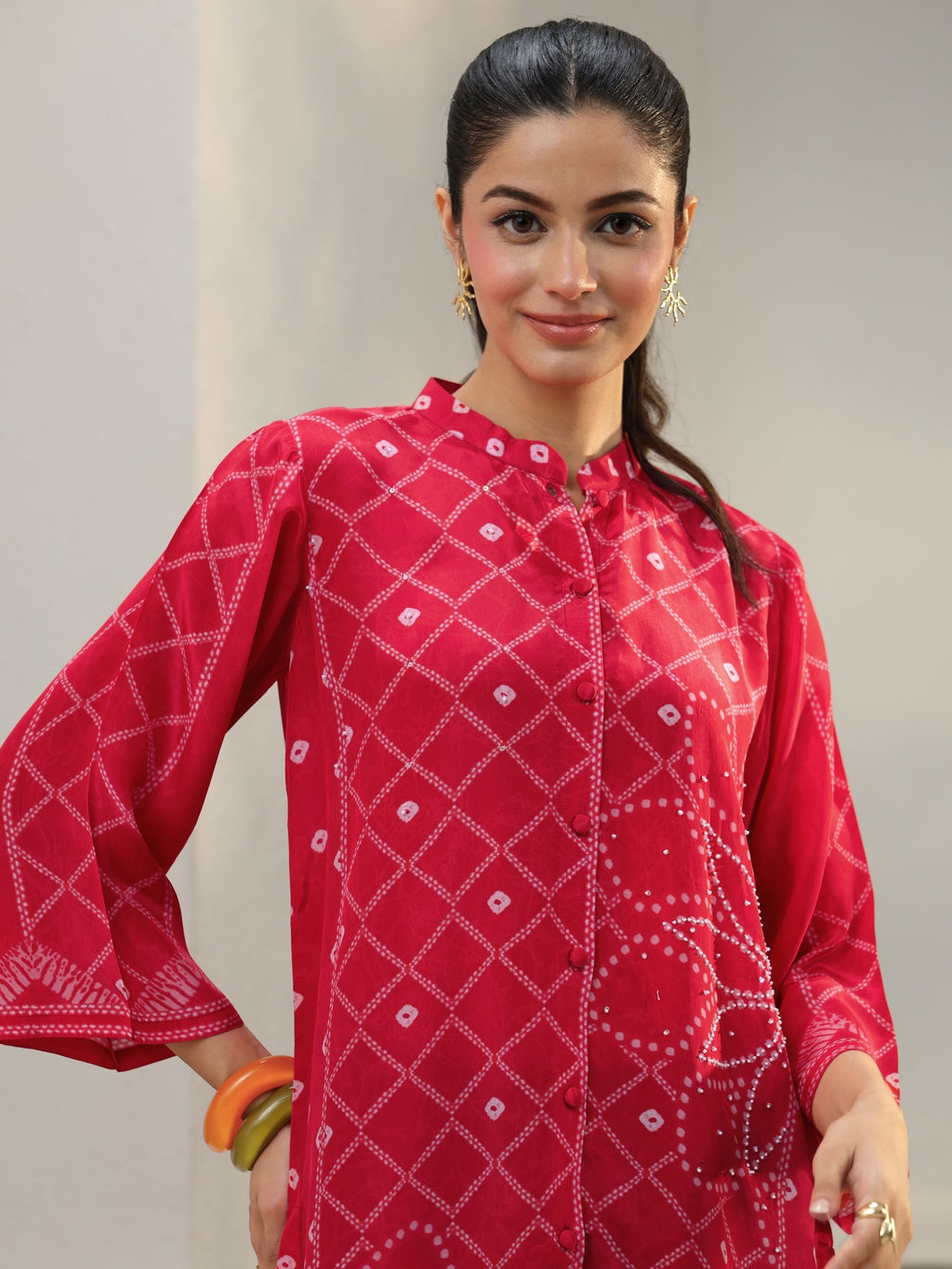 Libas Pink Bandhani Printed Crepe Shirt