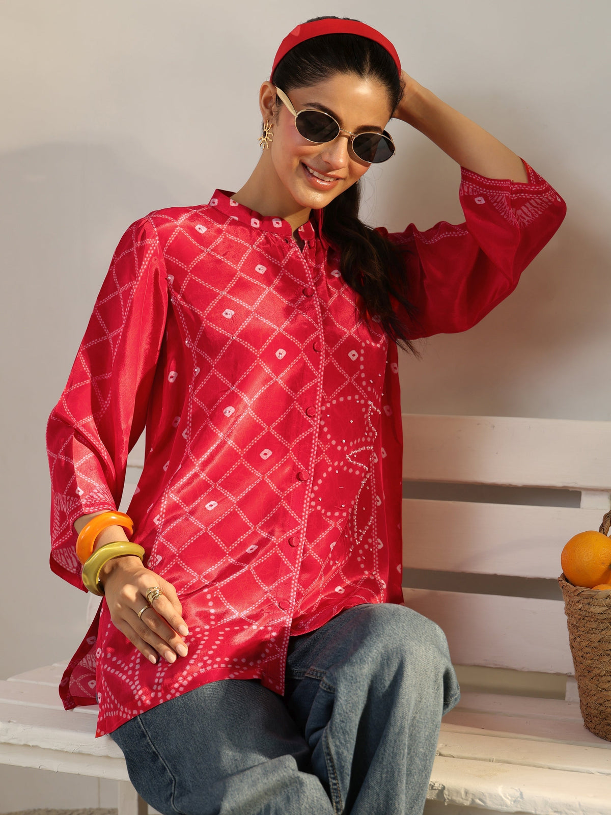 Libas Pink Bandhani Printed Crepe Shirt