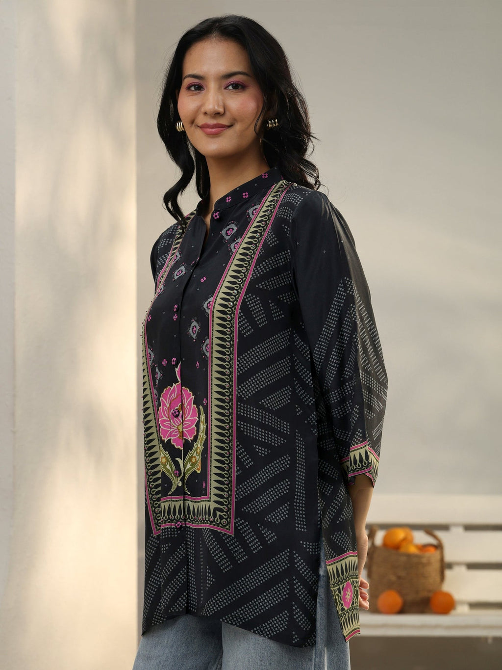 Libas Black Bandhani Printed Crepe Shirt K60