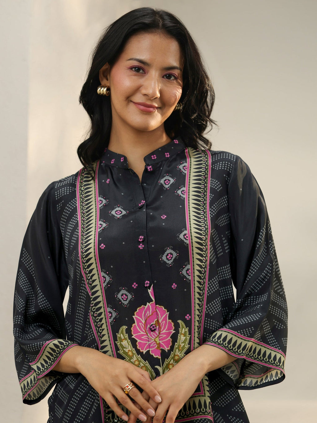 Libas Black Bandhani Printed Crepe Shirt K60