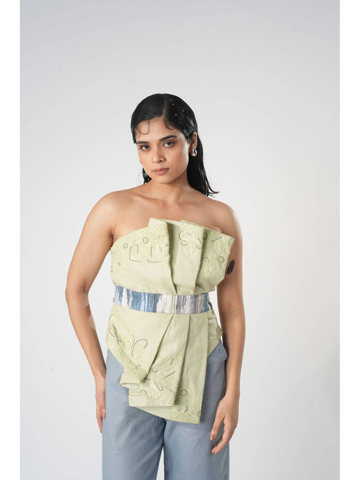 Green Vaanya Draped Warli Embroidery Top with Belt | TT90 - view 1