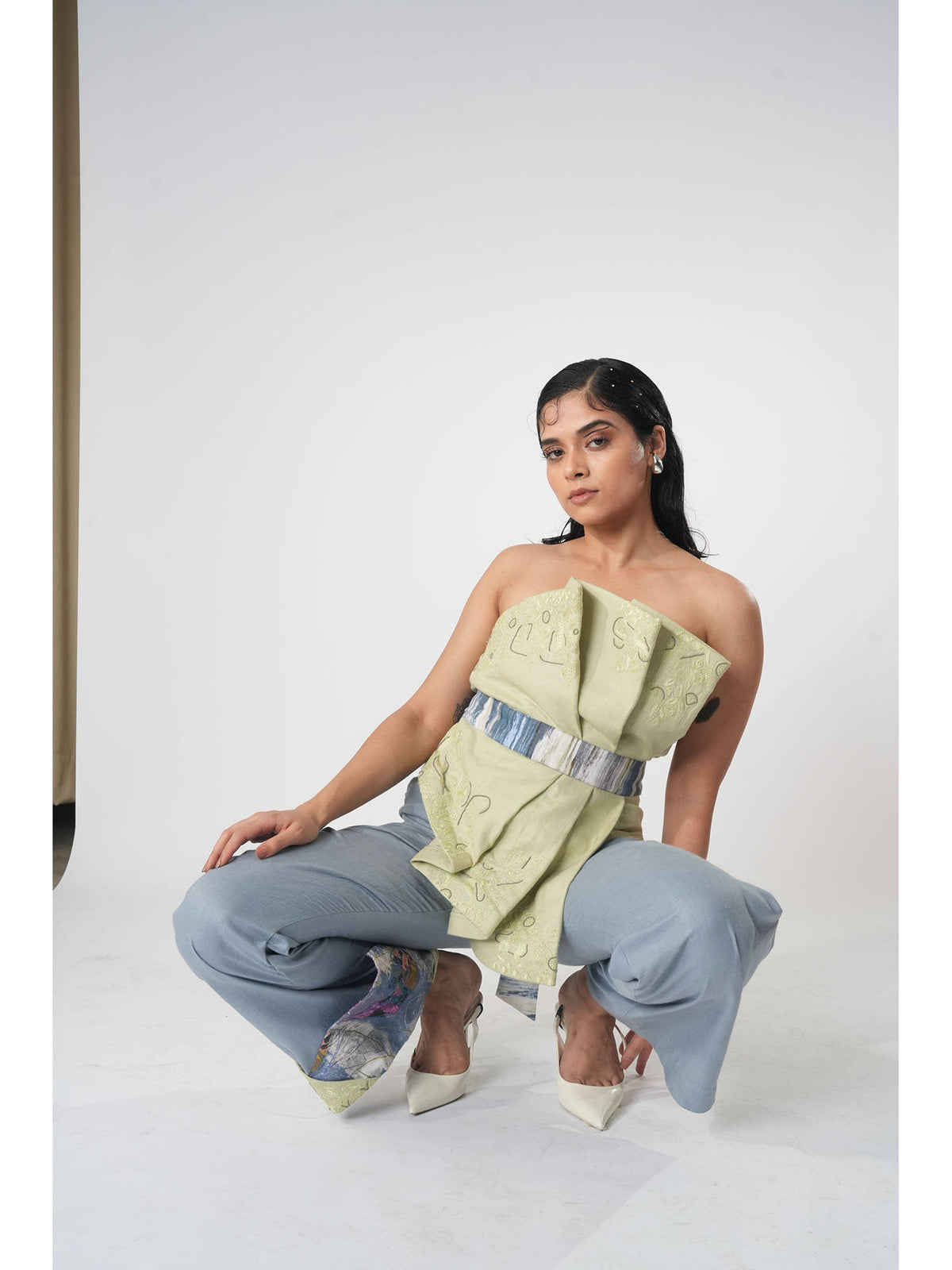 Green Vaanya Draped Warli Embroidery Top with Belt | TT90 - view 3