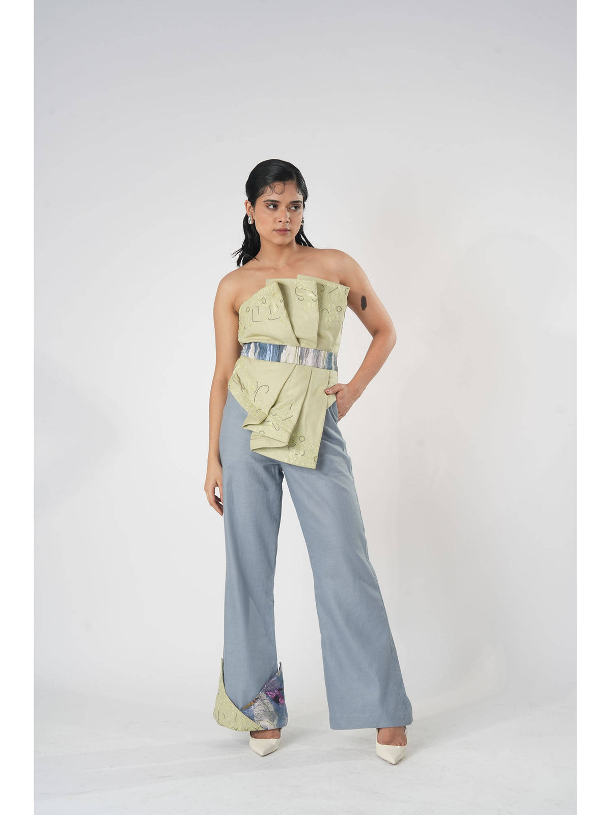 Green Vaanya Draped Warli Embroidery Top with Belt | TT90 - view 4