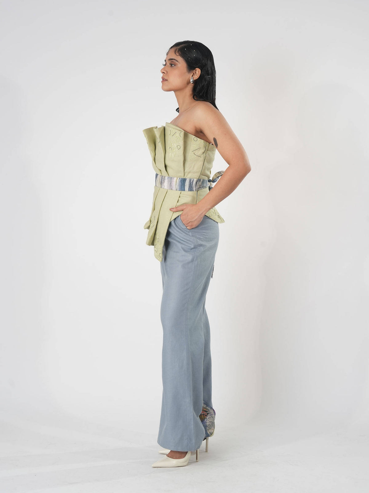 Green Vaanya Draped Warli Embroidery Top with Belt | TT90 - view 5