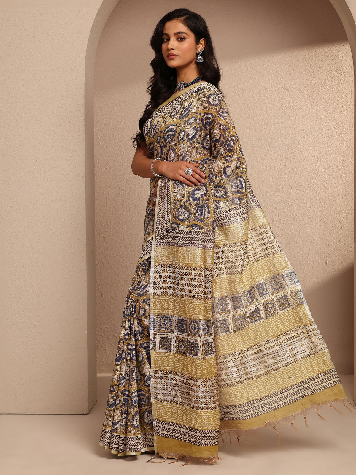 Libas Mustard Printed Cotton Saree With Unstitched Blouse Piece