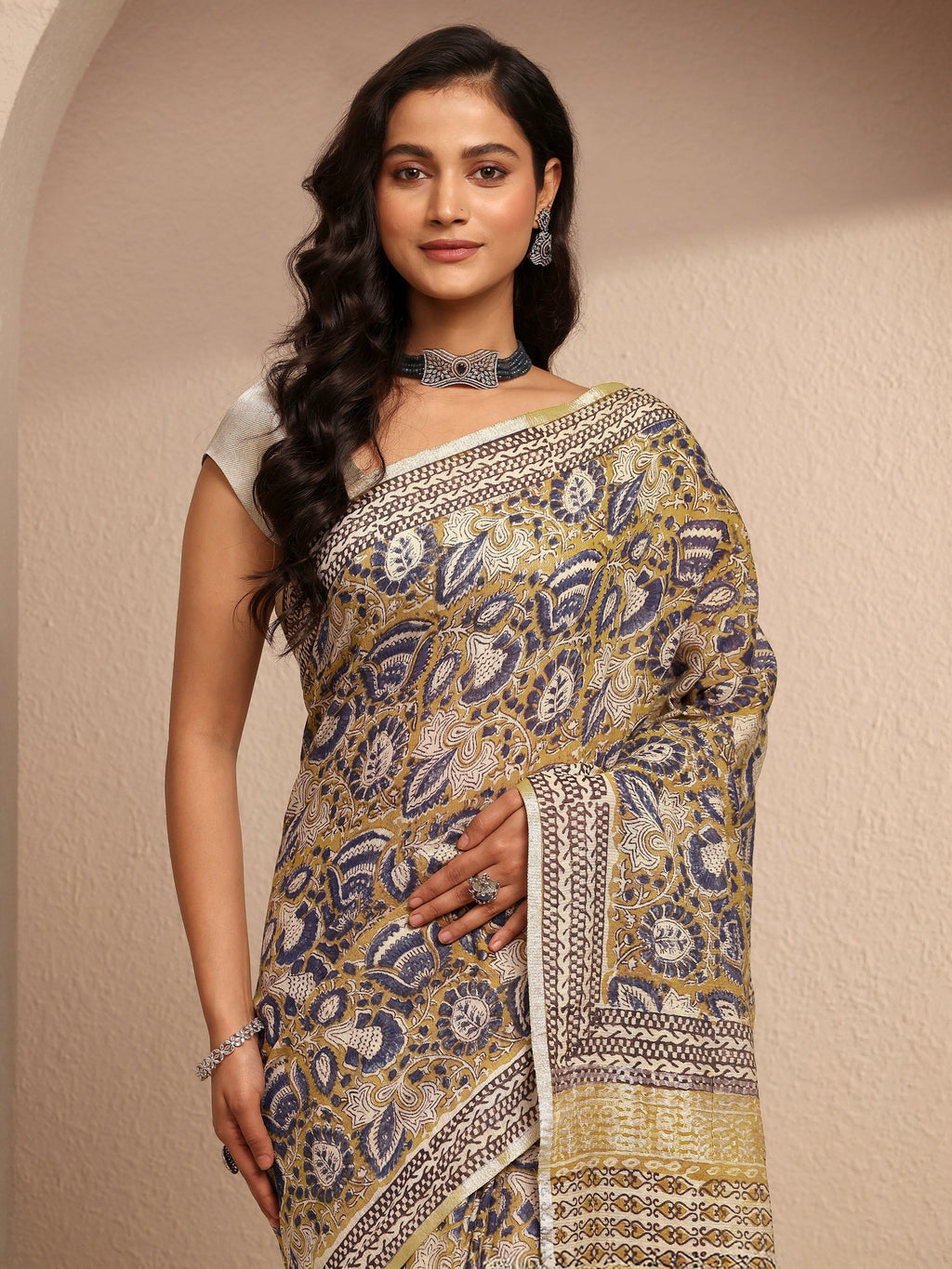 Libas Mustard Printed Cotton Saree With Unstitched Blouse Piece