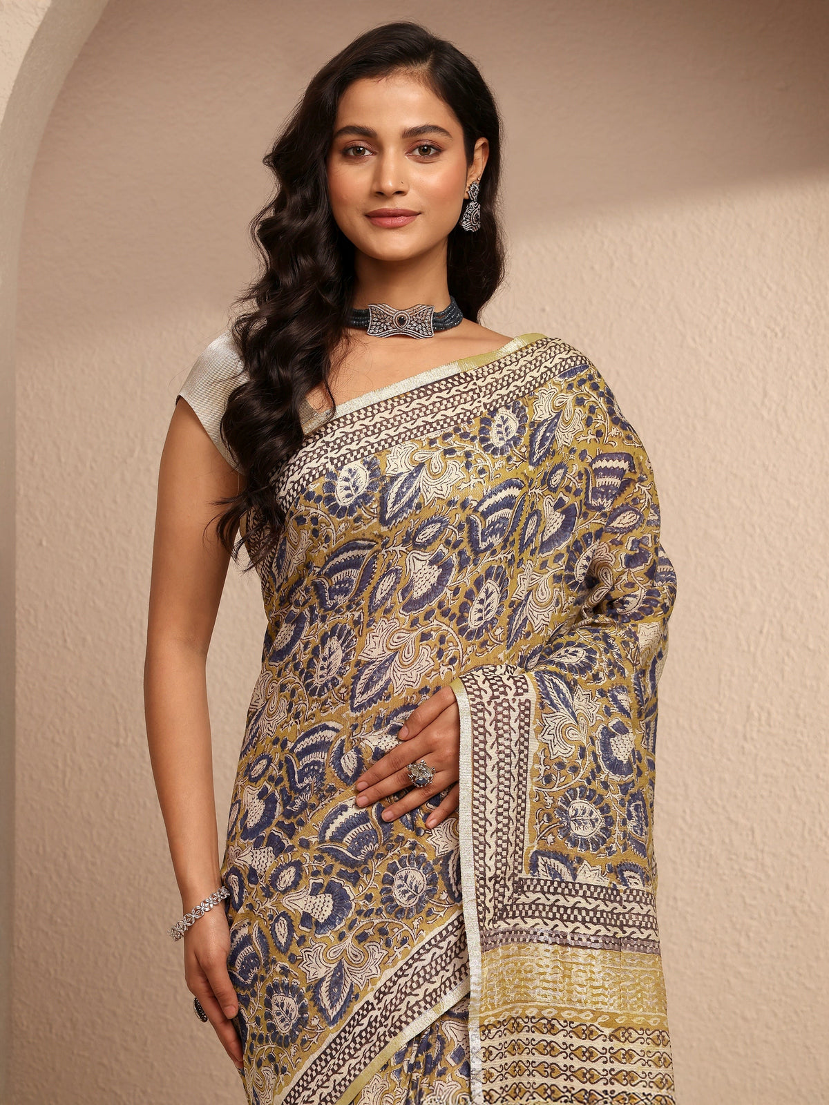 Libas Mustard Printed Cotton Saree With Unstitched Blouse Piece