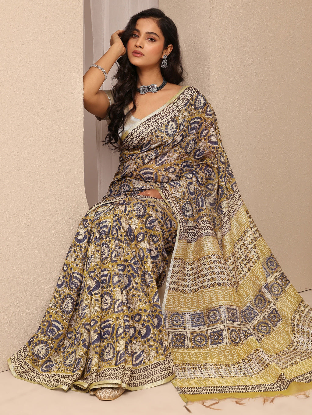 Libas Mustard Printed Cotton Saree With Unstitched Blouse Piece