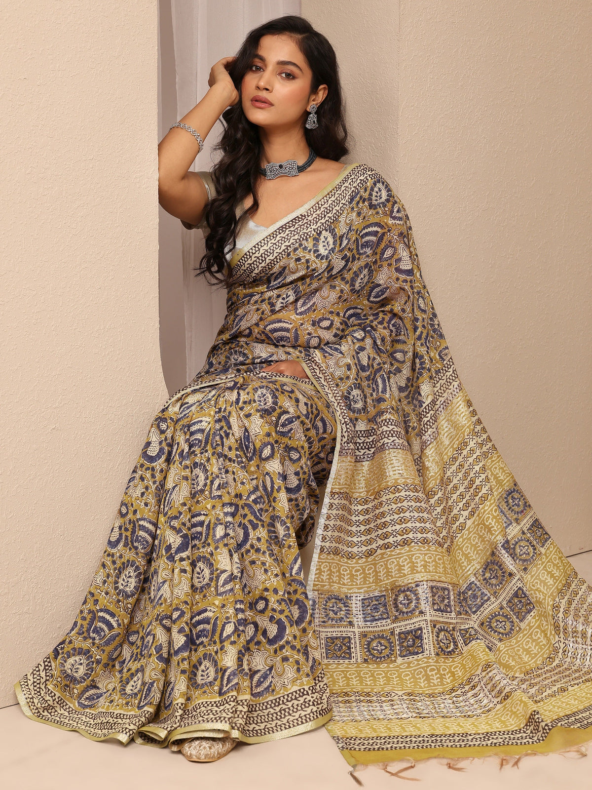 Libas Mustard Printed Cotton Saree With Unstitched Blouse Piece