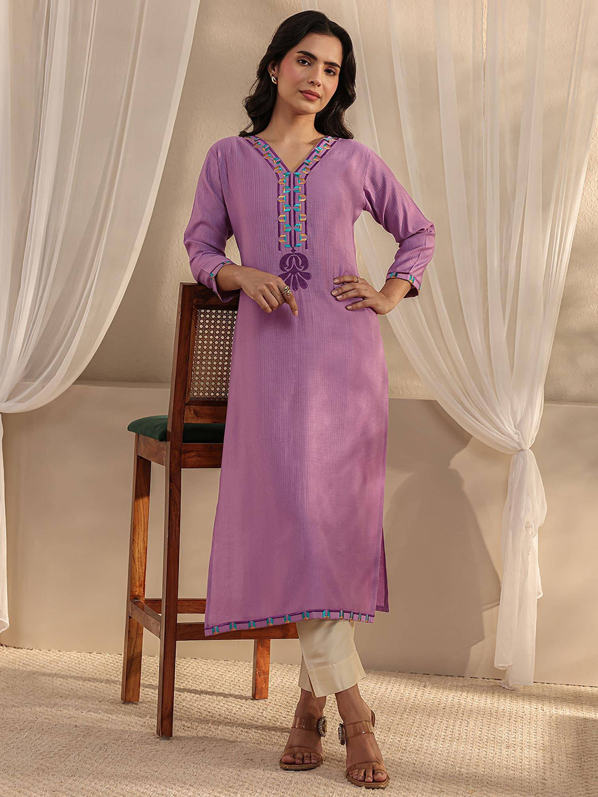 Lavender Ethnic Motif Yoke Design Straight Kurta | U3S - view 2