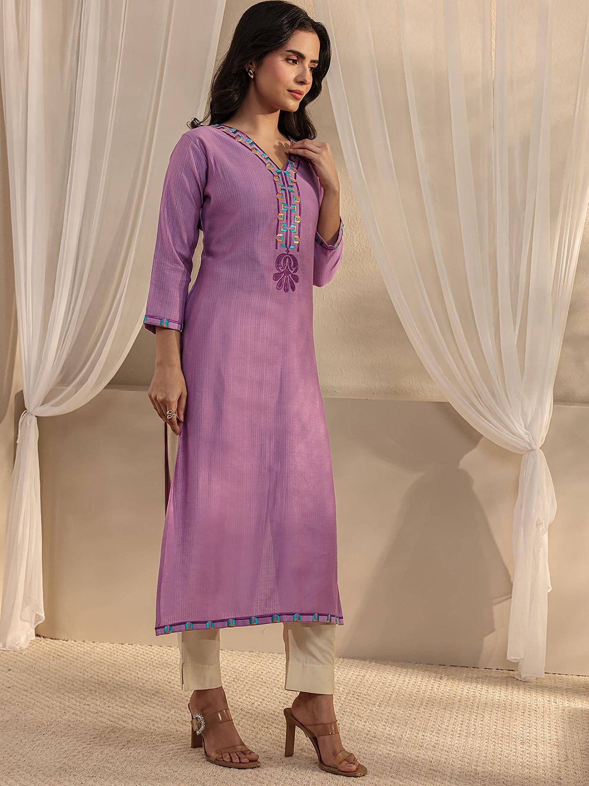 Lavender Ethnic Motif Yoke Design Straight Kurta | FY93 - view 3