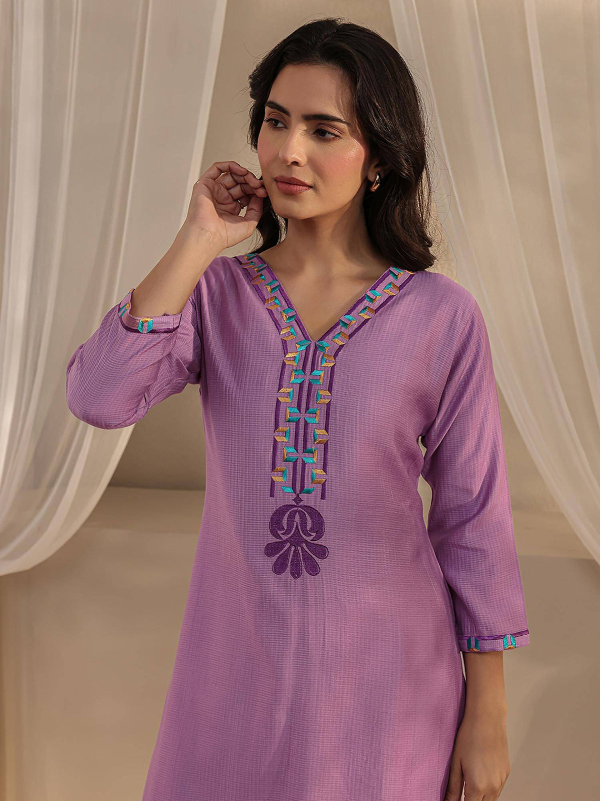 Lavender Ethnic Motif Yoke Design Straight Kurta | U3S - view 5