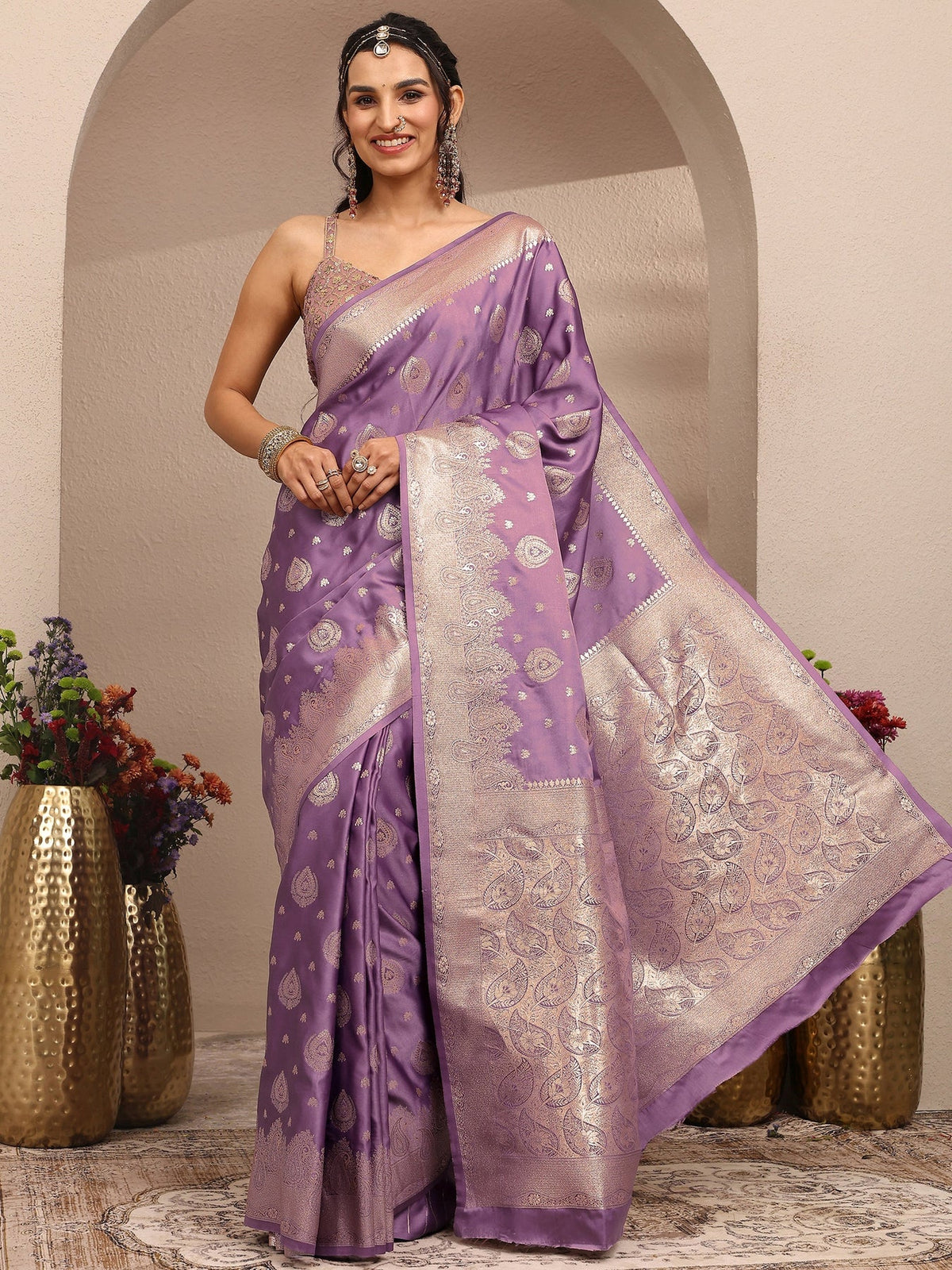 Libas Purple Woven Design Banarsi Silk Blend Saree With Unstitched Blouse Piece S45