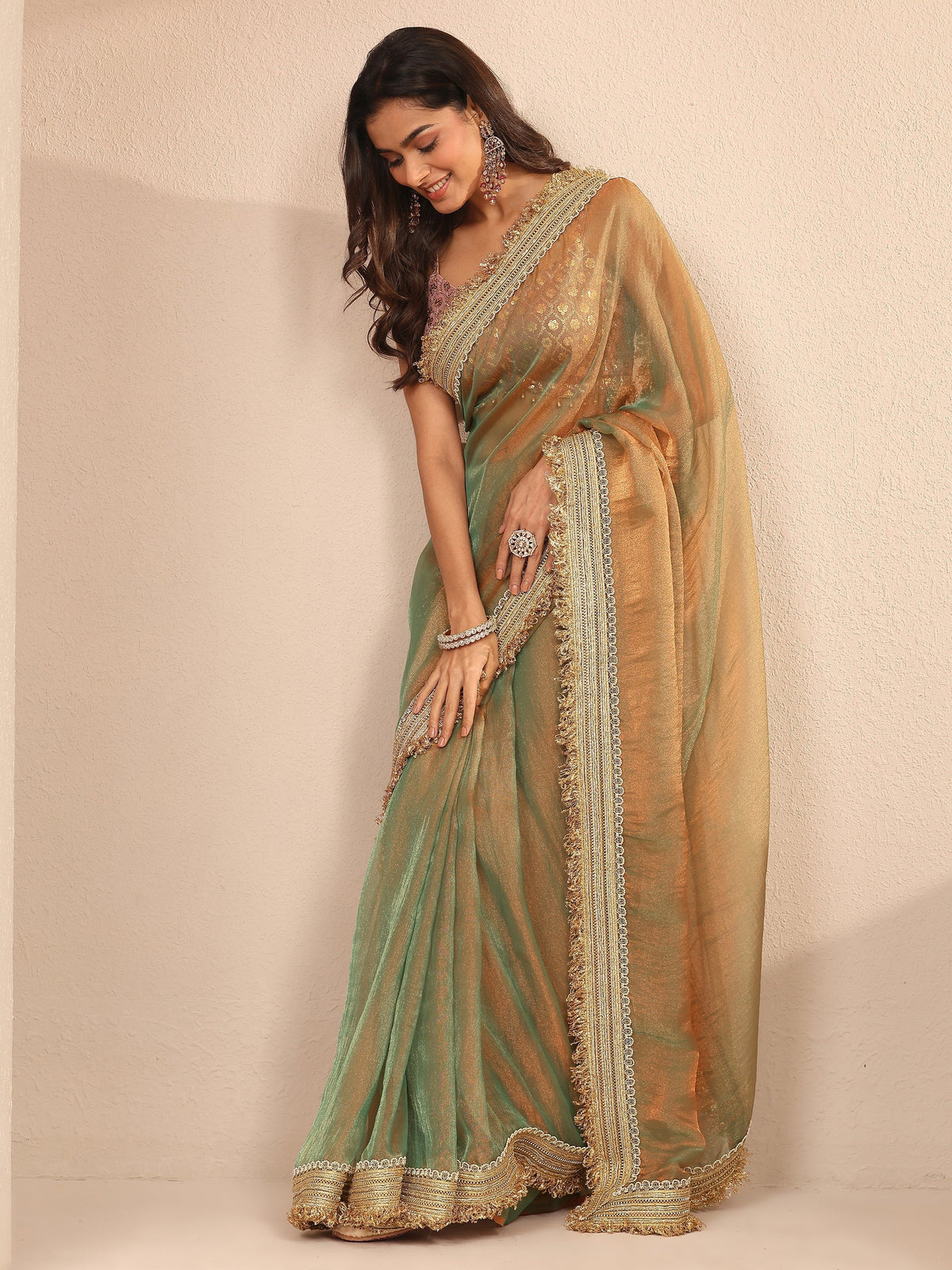 Libas Green Solid Silk Blend Saree With Unstitched Blouse Piece