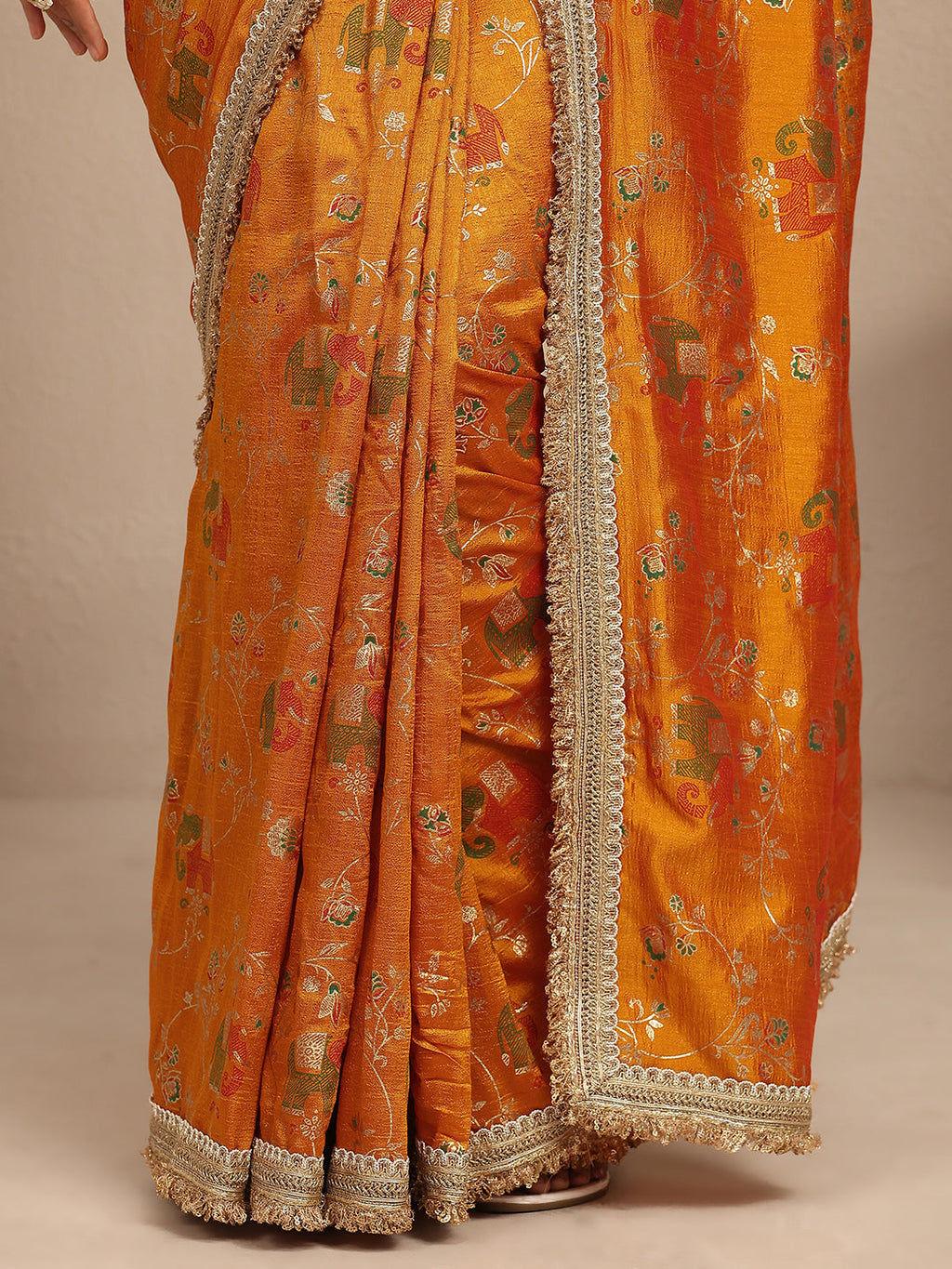 Libas Mustard Tribal Printed Silk Blend Saree With Unstitched Blouse Piece