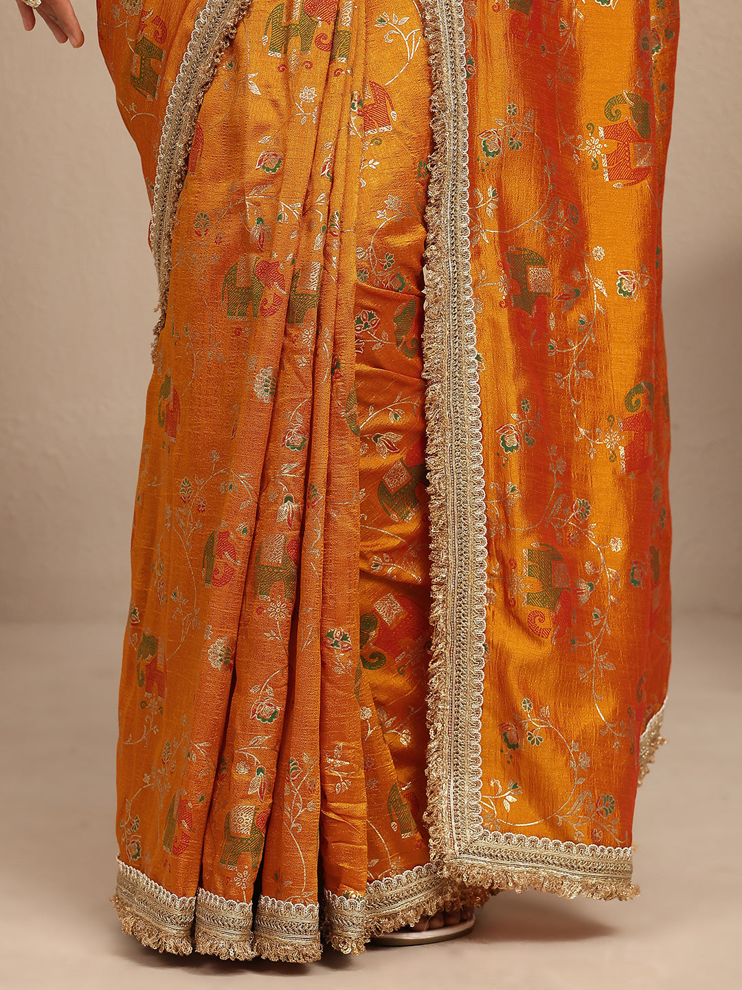 Libas Mustard Tribal Printed Silk Blend Saree With Unstitched Blouse Piece