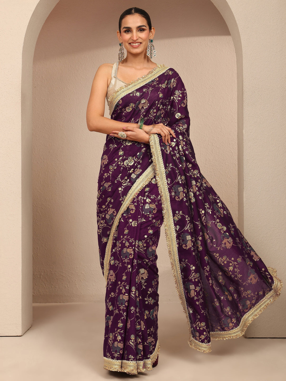 Libas Burgundy Tribal Printed Silk Blend Saree With Unstitched Blouse Piece