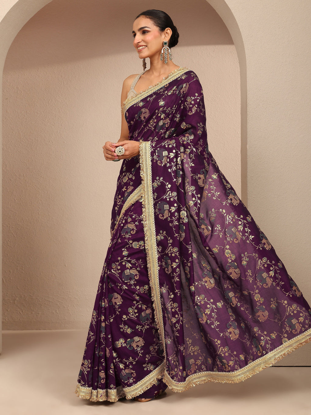 Libas Burgundy Tribal Printed Silk Blend Saree With Unstitched Blouse Piece
