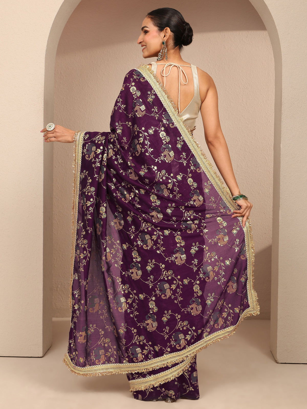 Libas Burgundy Tribal Printed Silk Blend Saree With Unstitched Blouse Piece