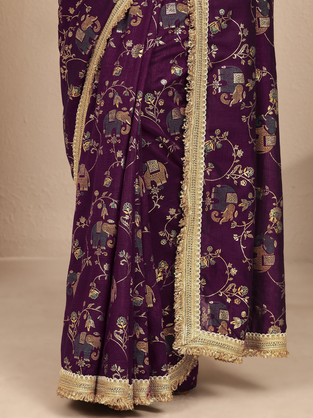 Libas Burgundy Tribal Printed Silk Blend Saree With Unstitched Blouse Piece