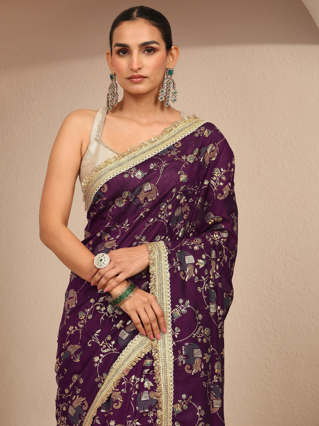 Libas Burgundy Tribal Printed Silk Blend Saree With Unstitched Blouse Piece