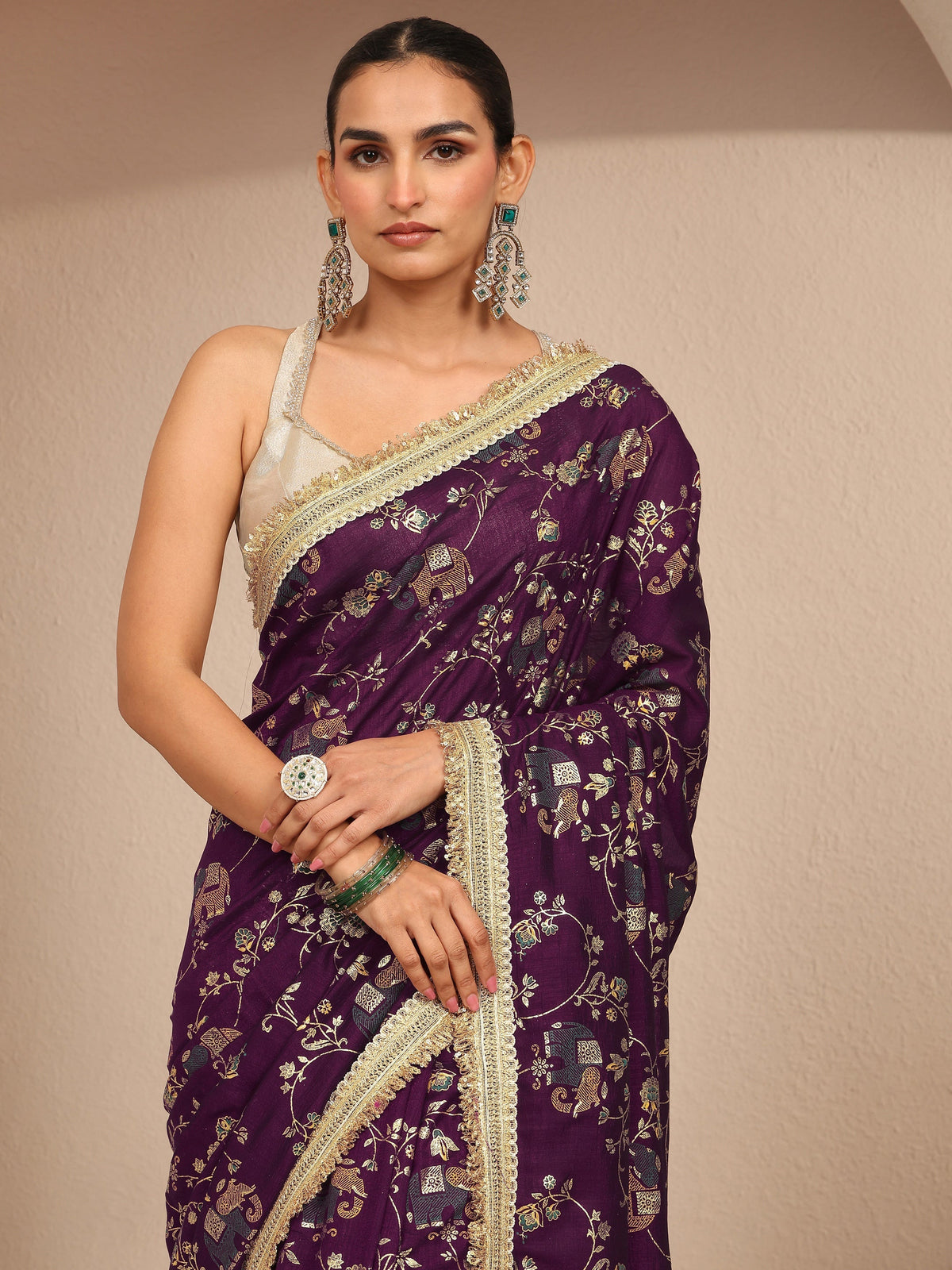 Libas Burgundy Tribal Printed Silk Blend Saree With Unstitched Blouse Piece