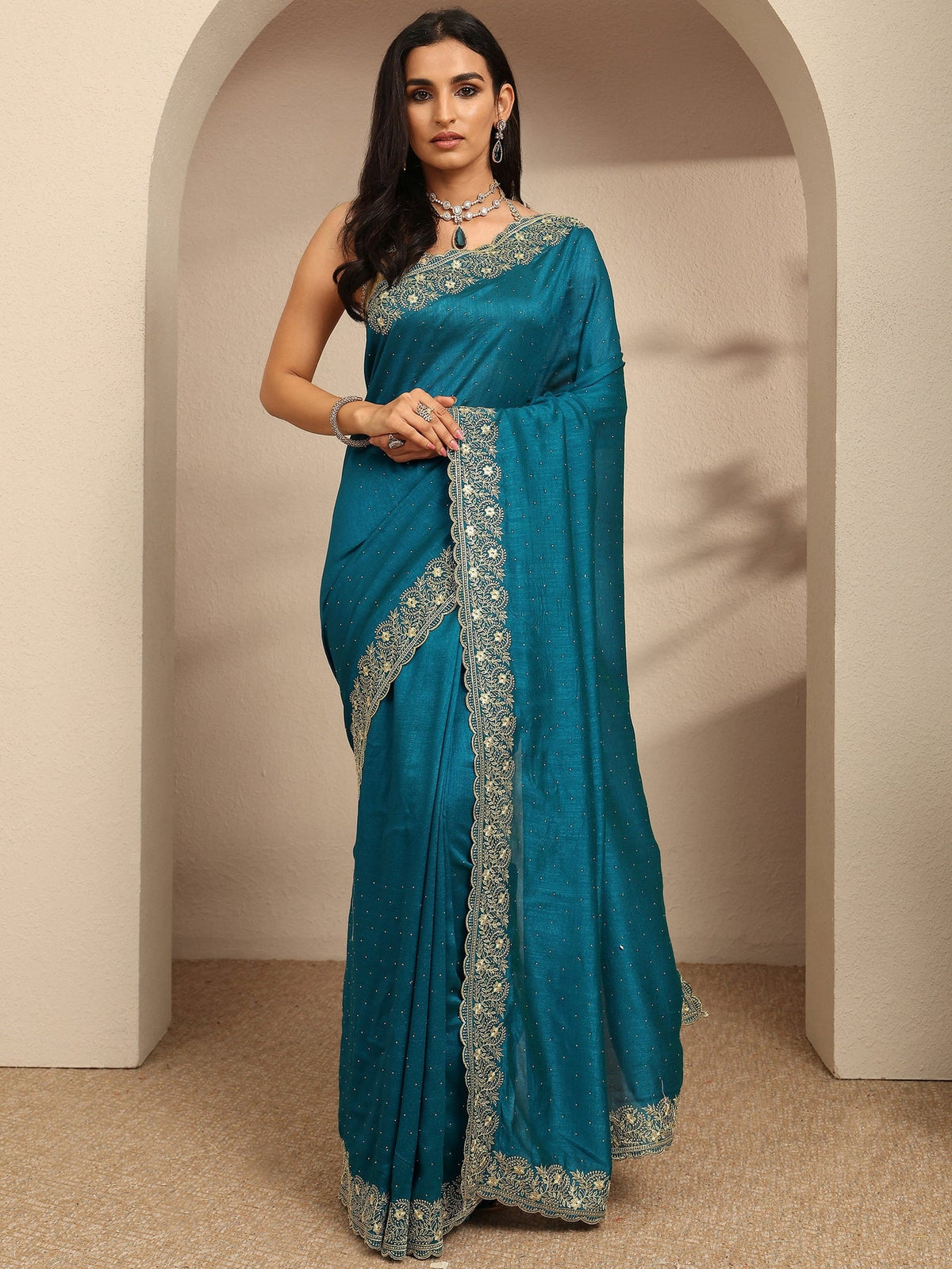 Libas Blue Embellished Silk Blend Saree With Unstitched Blouse Piece S45