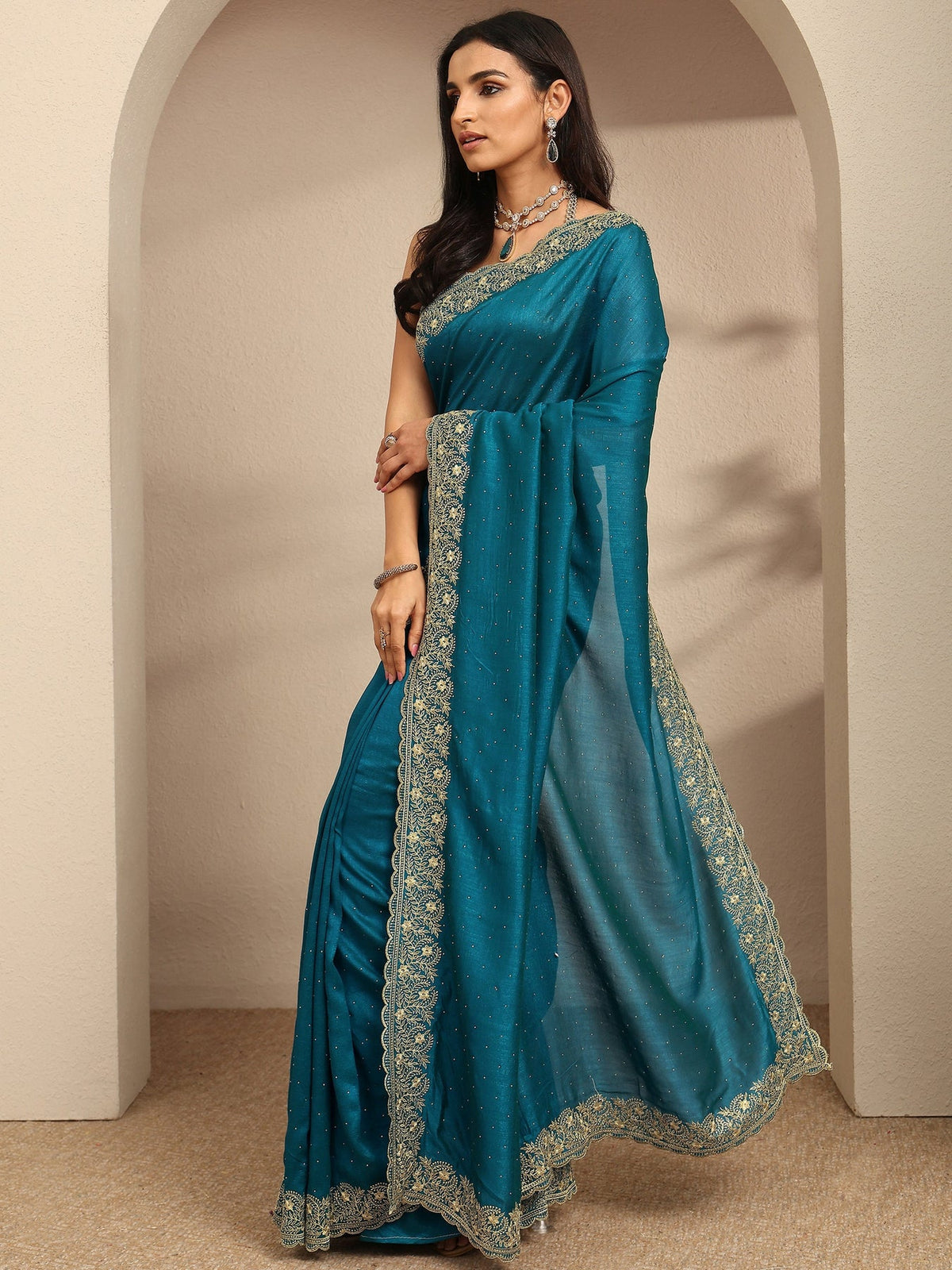 Libas Blue Embellished Silk Blend Saree With Unstitched Blouse Piece S45