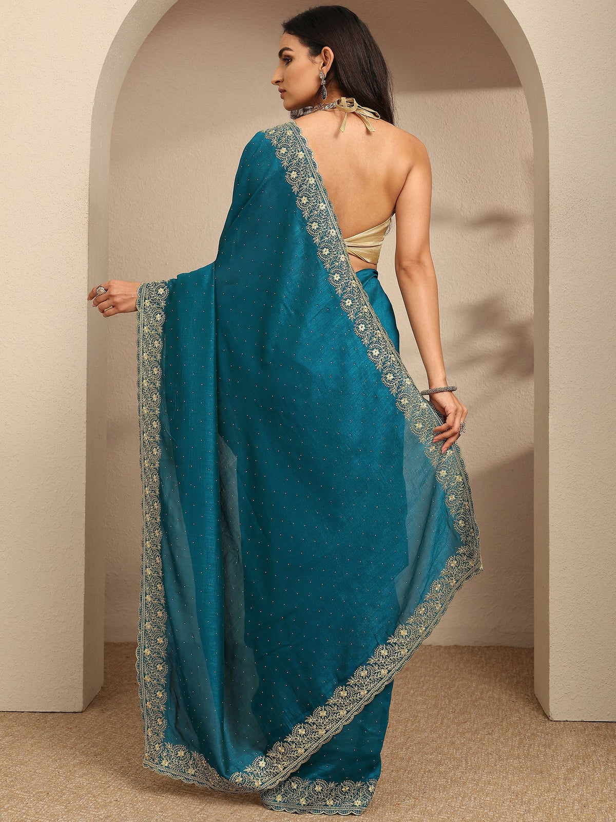 Libas Blue Embellished Silk Blend Saree With Unstitched Blouse Piece S45