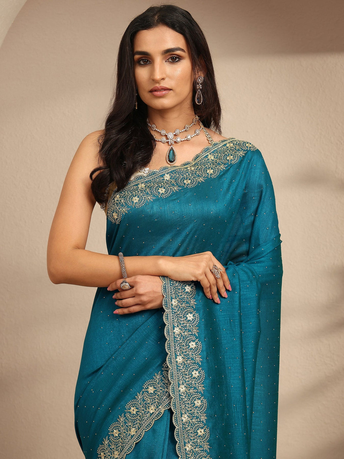 Libas Blue Embellished Silk Blend Saree With Unstitched Blouse Piece S45