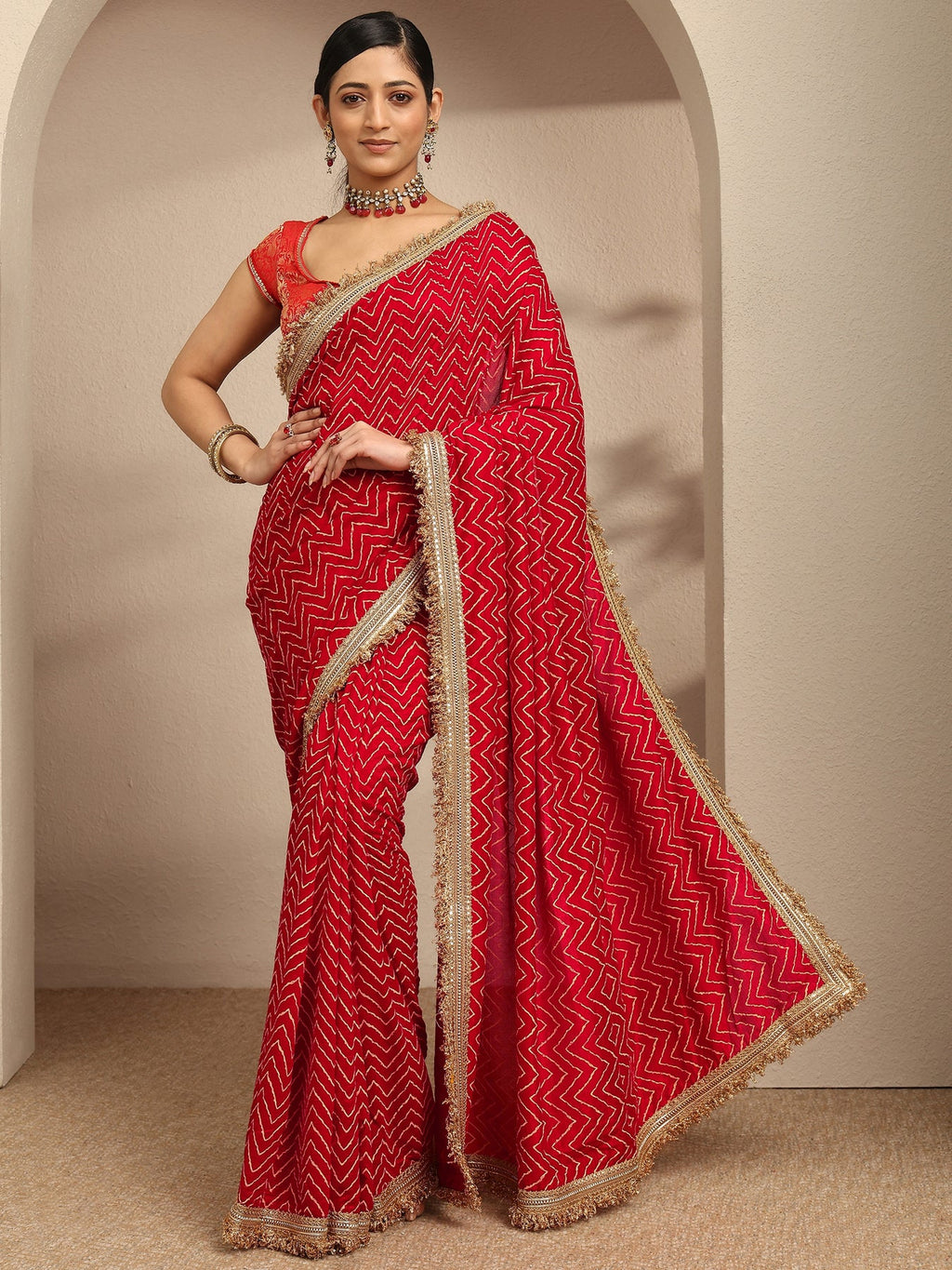 Libas Red Chevron Printed Silk Blend Saree With Unstitched Blouse Piece S45