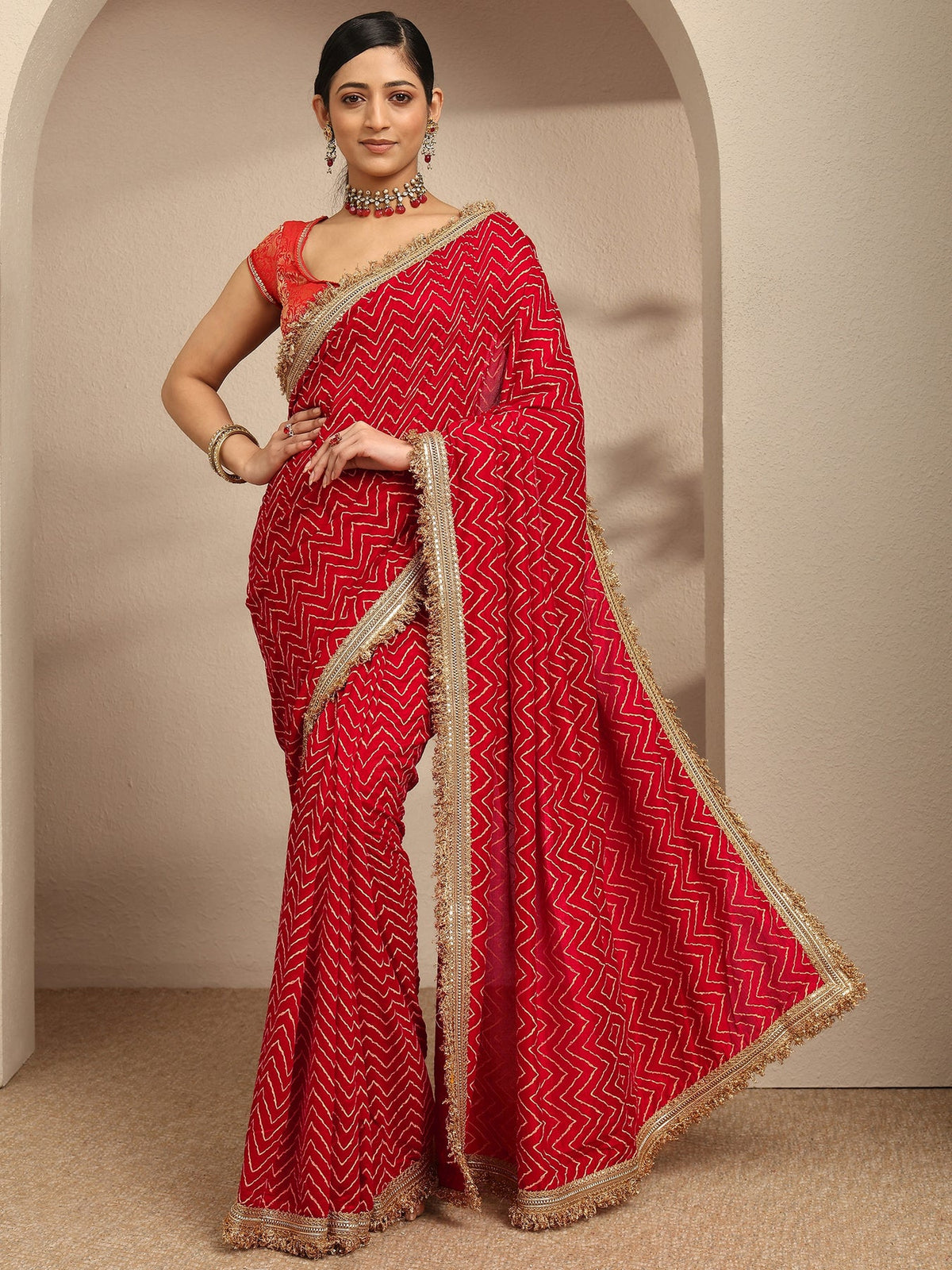Libas Red Chevron Printed Silk Blend Saree With Unstitched Blouse Piece S45