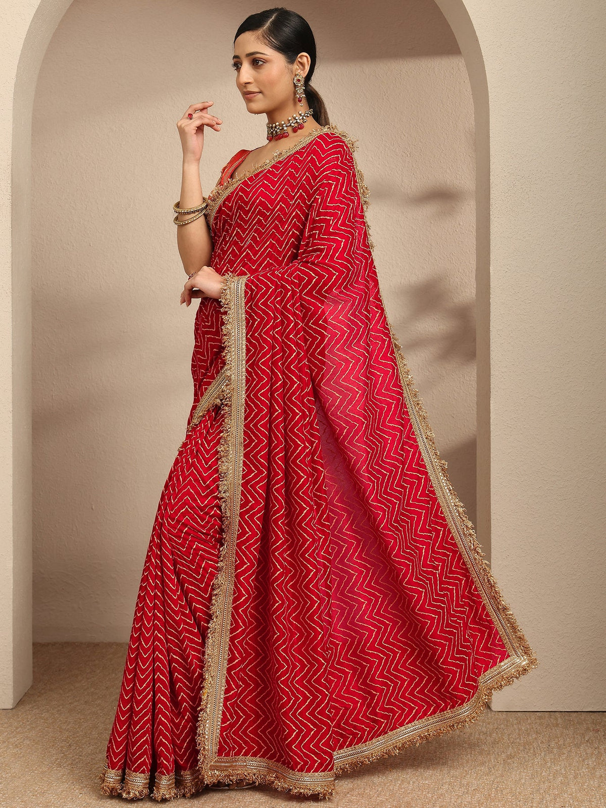Libas Red Chevron Printed Silk Blend Saree With Unstitched Blouse Piece S45