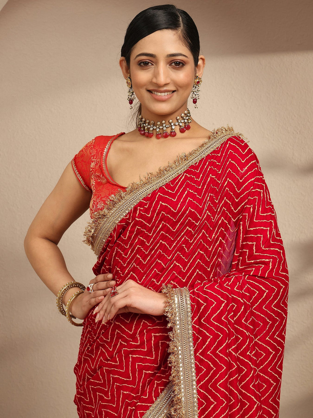 Libas Red Chevron Printed Silk Blend Saree With Unstitched Blouse Piece S45