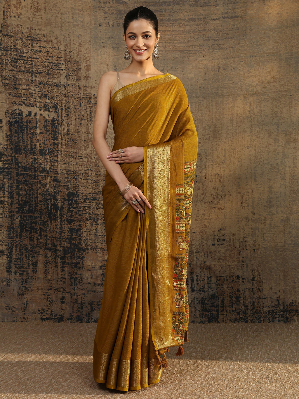 Libas Mustard Solid Silk Blend Saree With Unstitched Blouse Piece