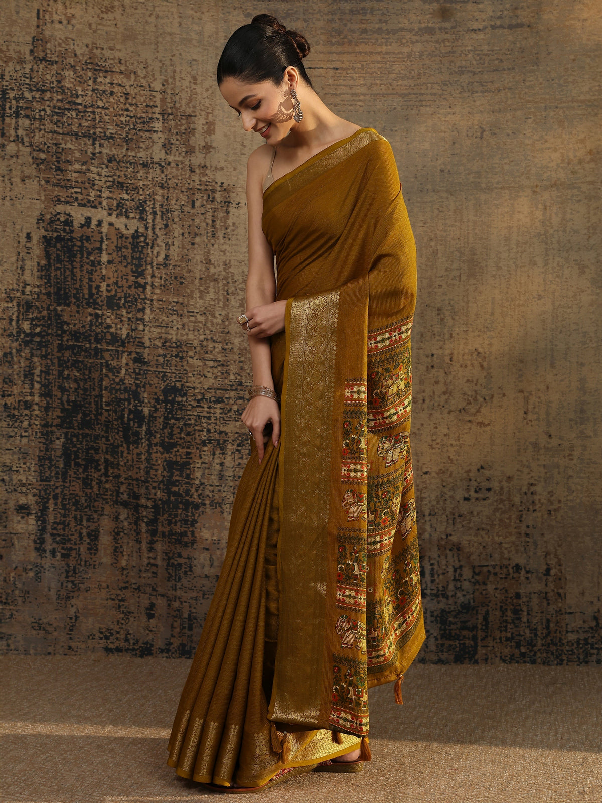 Libas Mustard Solid Silk Blend Saree With Unstitched Blouse Piece