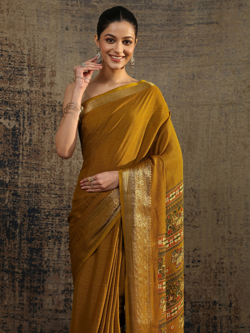 Libas Mustard Solid Silk Blend Saree With Unstitched Blouse Piece