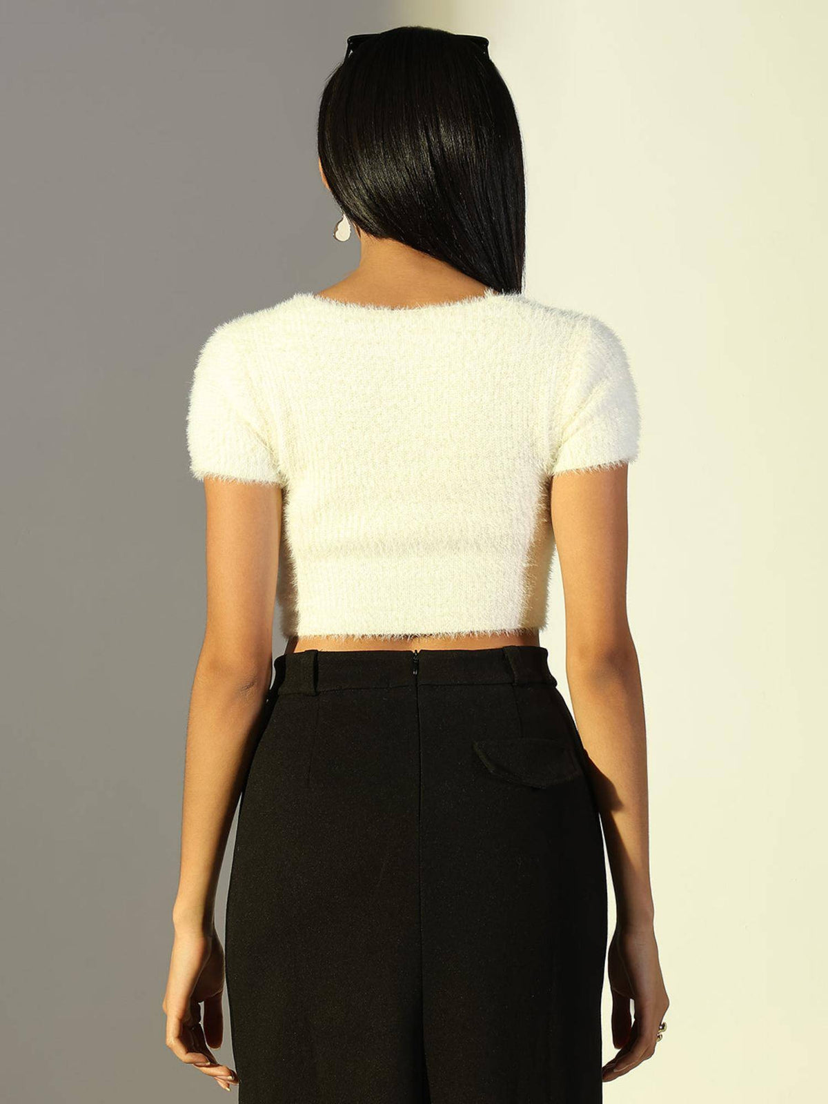 Basic Womens Off White Self Design Crop Top | CT61 - view 4