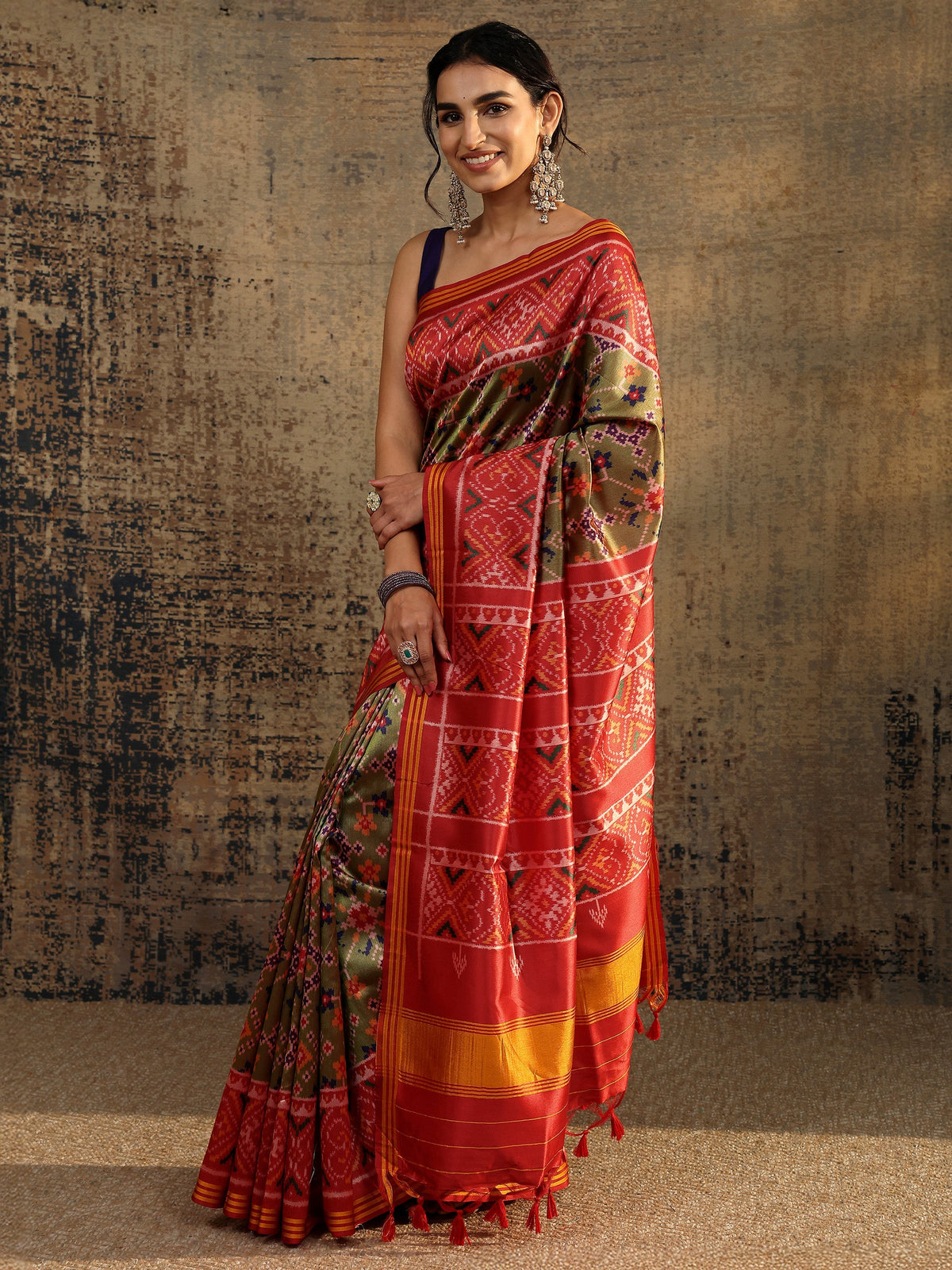 Libas Green Printed Silk Saree With Unstitched Blouse Piece